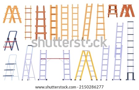 Set of wooden and metal ladders. Vector illustration on a white background