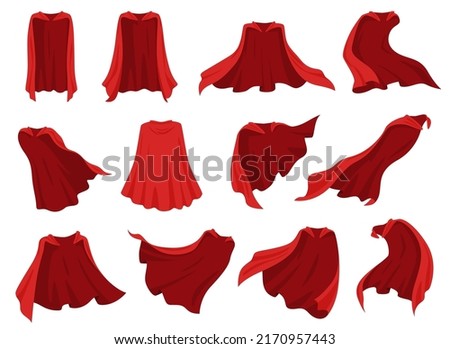 Red superhero cape. Silk cloak with red fabric in different positions. Vector illustration