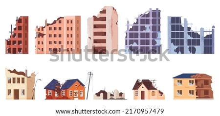Destroyed buildings, collapsed walls and broken windows. Consequences of catastrophes on buildings of various types. Vector illustration
