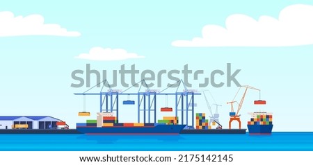 Cargo port for unloading containers from ships. International trade. Vector illustration