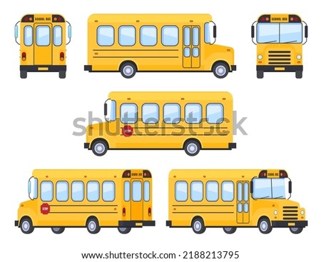 Yellow school bus in different angles. Transporting children from home to school. Vector illustration