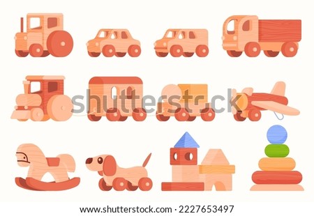 Ecological wooden toys for children. Beautiful tactile entertainment with wooden toys. Vector illustration