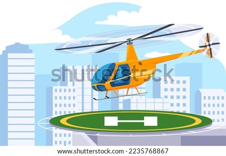 A helipad for landing helicopters on a skyscraper in the middle of the city. Transport for transporting people by air. Vector illustration