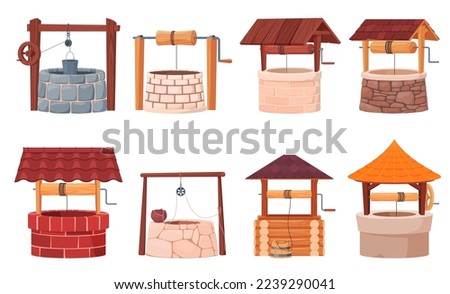 Water wells. Stone and wooden decorated peasant wells for water extraction. Vector illustration