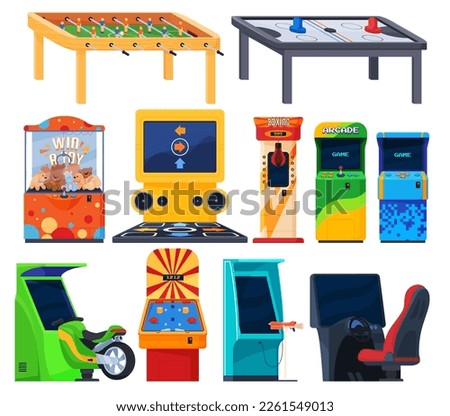 Game arcade machines. Entertainment in shopping centers, children rooms. Spending leisure time having fun on gaming machines. Vector illustration