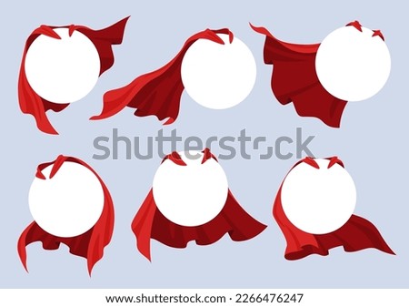 Superhero red cape label. Silk cloak with red fabric in different positions. Vector illustration
