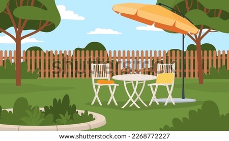 Backyard, summer terrace with chairs and an umbrella. Garden furniture for outdoor recreation. Vector illustration
