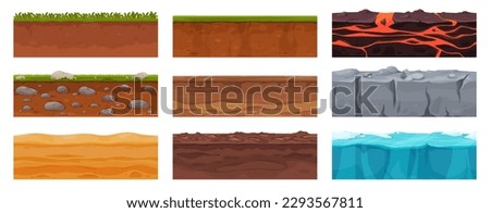 Ground in a section with different layers. Seamless pattern with land platforms for games. Vector illustration