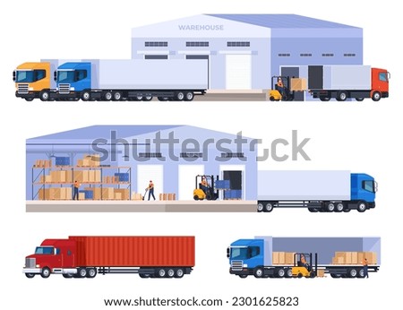 Warehouses with goods and trucks. Storage and delivery of products. Logistics centers to improve the speed and distribution of goods. Vector illustration