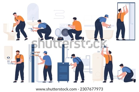 Plumbing works. Plumbers repair and install a sink, boiler, washing machine. Vector illustration