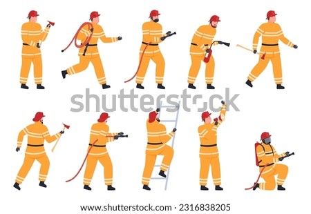 Characters of firefighters in different poses. Rescue in the event of a fire in the house, rescue work. Rescue service in emergency situations. Vector illustration