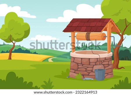 Water wells. Stone decorated peasant wells with a bucket for water extraction on the background of nature. Vector illustration