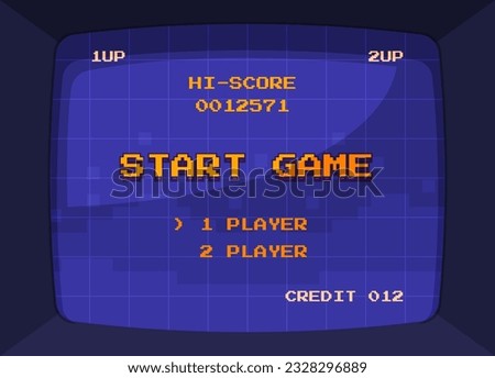 Screen with an arcade game. Start screen in the gaming device. Vector illustration
