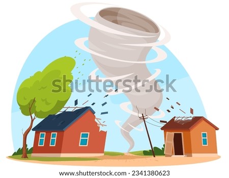 Tornado. A natural disaster of a destructive large-scale nature. Destruction of human habitation. Vector illustration