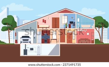 Residential building in section. The interior of the house with furniture. Different rooms, kitchen, bathroom, bedroom. Vector illustration