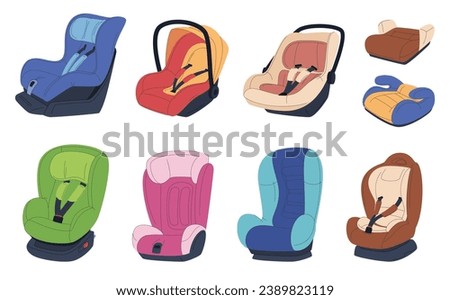 Child car seat. Safety of children traveling by car. Different types of car seats for different age groups. A safe seat for a child in a car. Vector illustration