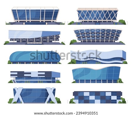 Sports stadium facade. A building for sports competitions with a large number of spectators. Large city buildings for people entertainment. Vector illustration