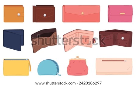 Man and woman wallets. Leather accessories for storing cash and credit cards. Stylish wallets. Vector illustration