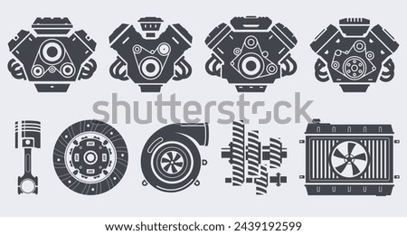 Set of silhouettes of car engines and other details. Car parts icons. Repair and maintenance of equipment. Vector illustration