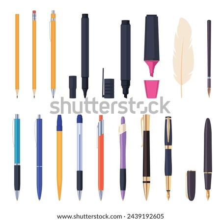 A set of different pens and pencils. Writing tools. Vector illustration