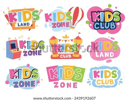 A set of logos for children entertainment rooms. Bright colored inscriptions in children style. Vector illustration
