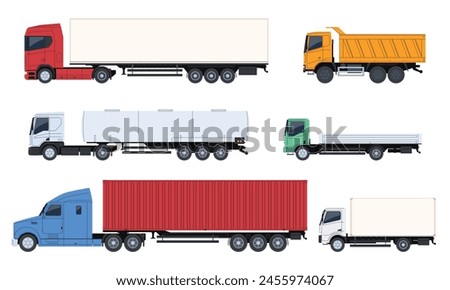 Set of different trucks. Freight transportation of goods. Transport with various cargo trailers. Logistics of factory products. Vector illustration