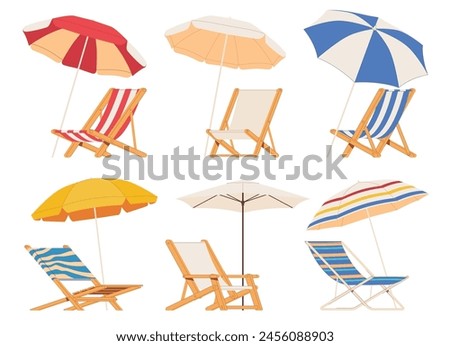 Beach chair lounger with umbrella. Summer vacation by the sea. Warm summer sunny days on vacation. Vector illustration