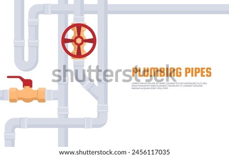 Banner with pipes laid on the background. Spare parts for the pipeline. Bends, connectors, taps and sensors for plastic pipes. Plumbing work in the house. Vector illustration