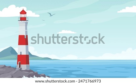 Lighthouse on the background of the sea. Buildings on the seashore to light a safe way for ships. Vector illustration