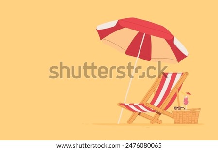 Beach chair lounger with umbrella. Summer vacation by the sea. Warm summer sunny days on vacation. Vector illustration