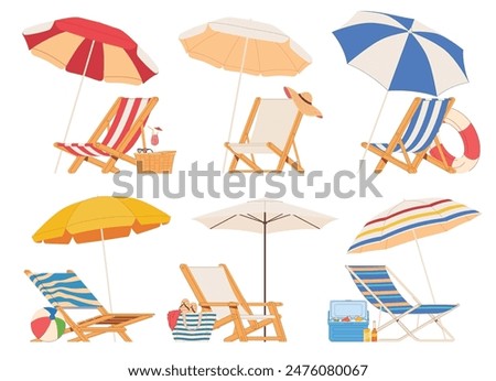 Beach chair lounger with umbrella. Summer vacation by the sea. Warm summer sunny days on vacation. Vector illustration