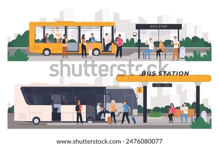 Bus stop. Public transport of people. City and intercity bus transportation. Tourist trips. Vector illustration