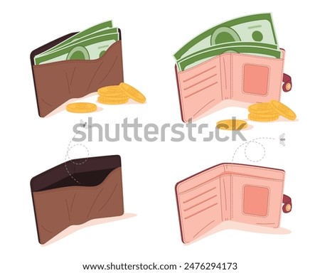 Man and woman wallets with cash and empty. Leather accessories for storing cash and credit cards. Stylish wallets. Vector illustration