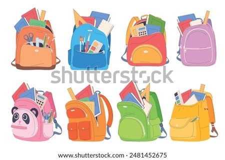 Set of school backpacks. Children briefcases for carrying school supplies. Vector illustration