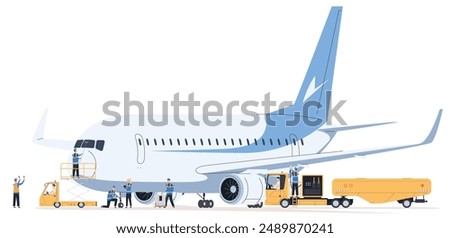 A team of aircraft maintenance workers. Preparing the plane for flight. Airline ground staff. Vector illustration