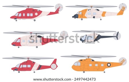 Emergency helicopter. Rapid transportation of patients by helicopter. Extreme rescue of people from the disaster site. Vector illustration