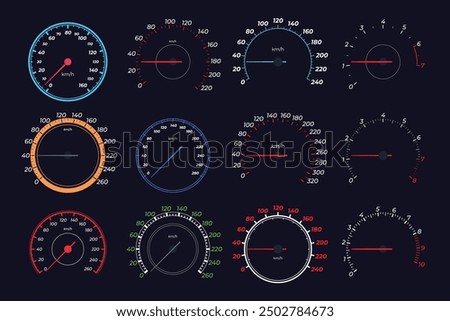 Car speedometer set. Measurement of vehicle speed and engine revolutions. Interface for programs and applications. Vector illustration