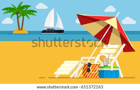 Vacation and travel concept. Beach umbrella, beach chair. Background of the sea with the ship