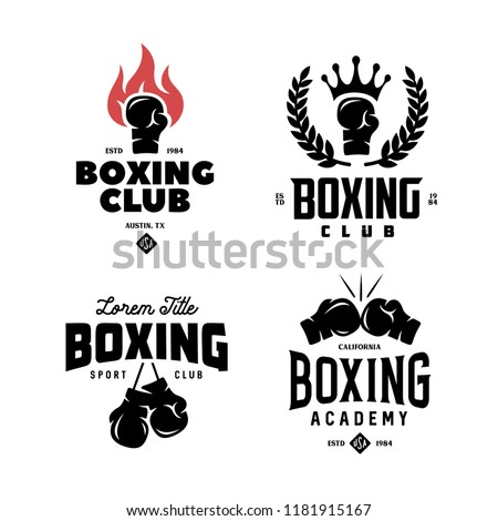 Boxing club labels emblems badges set. Boxing related design elements for prints, logos, posters. Vector vintage illustration.