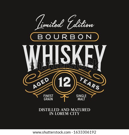 Whiskey Bourbon label logo emblem with ornate monoline borders gold colored. Vintage vector illustration.