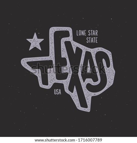 Texas related t-shirt design. The lone star state text. Hand drawn lettering on black background with vintage stamp effect. Vector illustration.