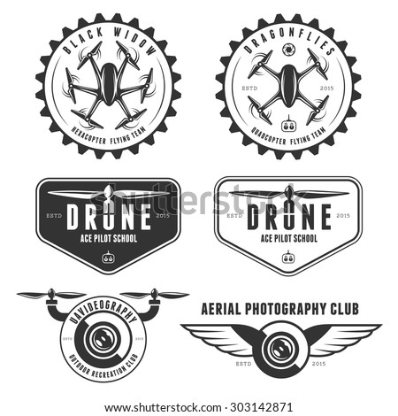 Vector set of drone flying club labels, badges and design elements.