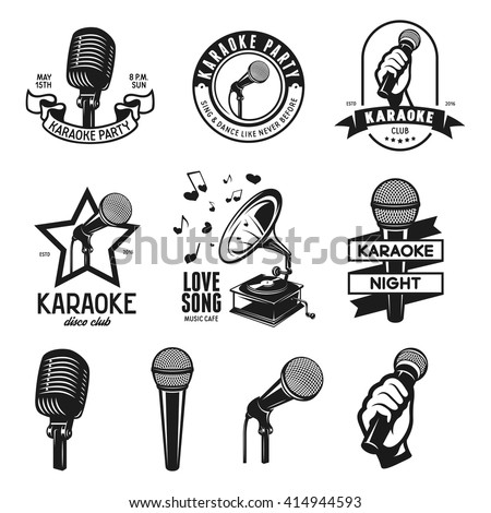Set of karaoke related vintage labels, badges and design elements. Microphones isolated on white background. Vector vintage illustration.