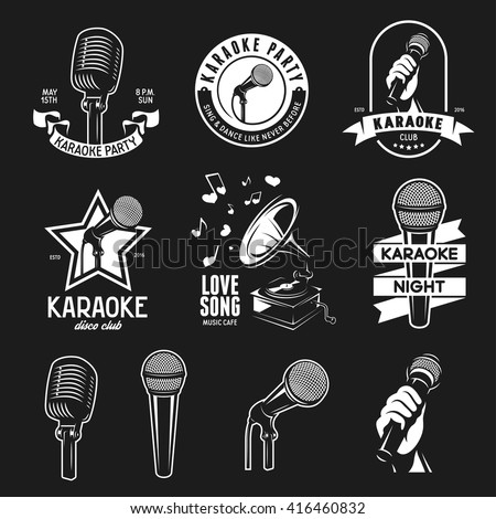 Set of karaoke related vintage labels, badges and design elements. Karaoke club emblems. Microphones isolated on white background. Vector illustration.