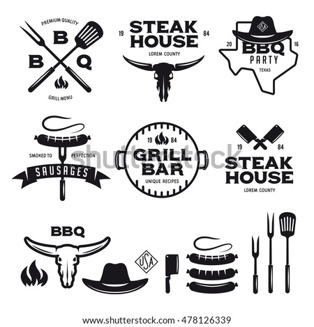 Set of barbecue steak house grill bar labels badges emblems and design elements. Bbq party poster. Grilled sausage on the fork. Cow skull. Cowboy hat. Vector vintage illustration.