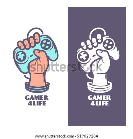 Gamer for life t-shirt design. Oldschool videogames related poster. Hand with joystick. Vector vintage illustration.