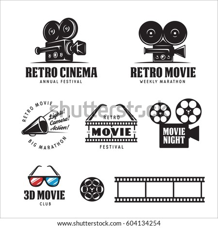 Retro cinema labels badges emblems and design elements set. 3d movie sign. Vector vintage illustration.