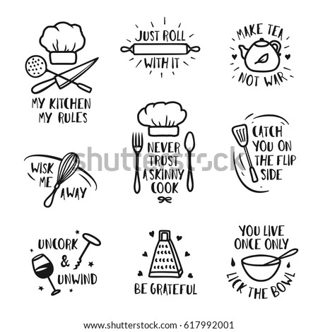 Hand drawn kitchen posters set. Quotes and funny sayings about cooking food. Wall decor art prints collection. Kitchenware monochrome set. Vector vintage illustration.