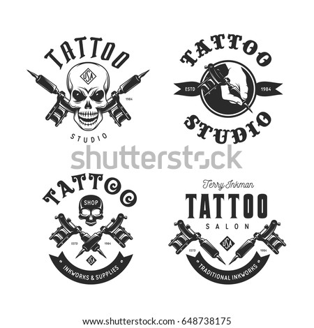 Tattoo studio emblems set. Hand holding tattoo machine. Human skulls outline drawing. Tattoo shop advertising. Vector vintage illustration.