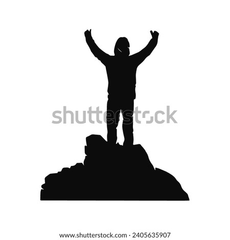 vector silhouette of a man raising his hands on a mountain peak isolated on transparent background